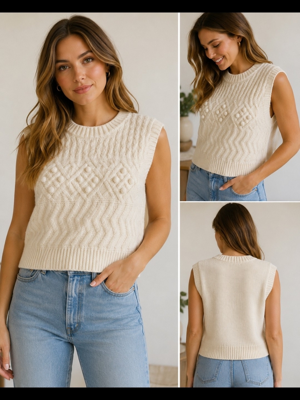 Cream Cable Knit Sleeveless Sweater Vest
